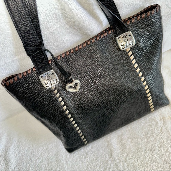 Brighton Handbags - Vintage Brighton Black Leather Tote Bag Whipstitch Heart Charm 90s Y2K Shoulder